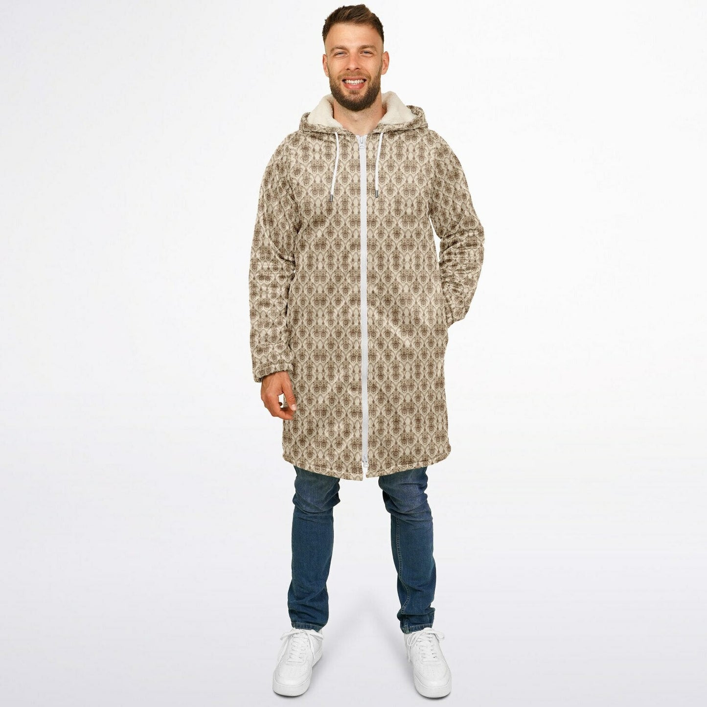 Cream Baroque Cuddle Coat | Unisex Minky Sherpa Lined Coat with Hood, Zipper and Pockets | Women and Mens Festival Coat | Mountain Fashion