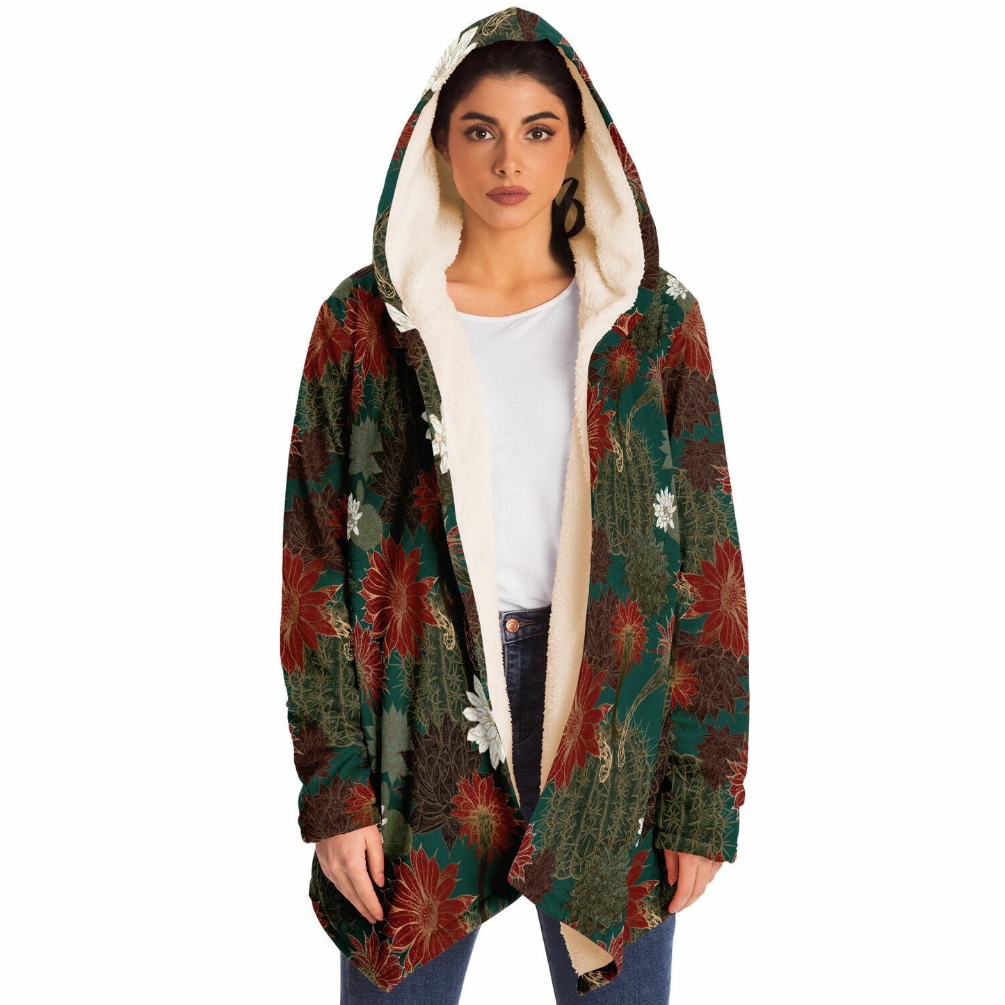 Desert Flowers Cuddle Cloak | Green Red | Unisex Minky Sherpa Lined Hooded Coat | Women and Mens Festival Coat | Mountain Fashion