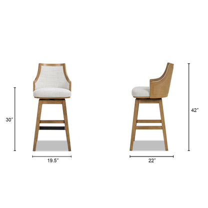 Bahama 30' Cane Rattan High-Back Swivel Bar Stool with Recessed Arms, Two-Tone Neutral Gray Polyester Wool Blend