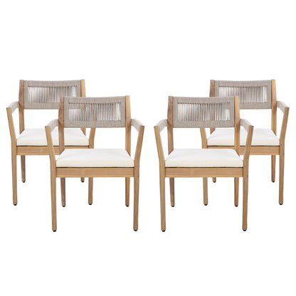 Braided Acacia Wood Outdoor Dining Chairs Set of 4 – Teak Look with Beige Rope & Cream Cushions