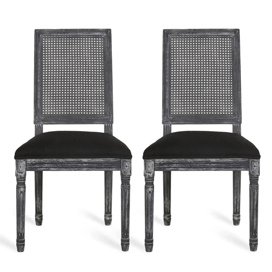 French Country Dining Chair With Rectangular Cane Backrest And Smooth Upholstered Seating
