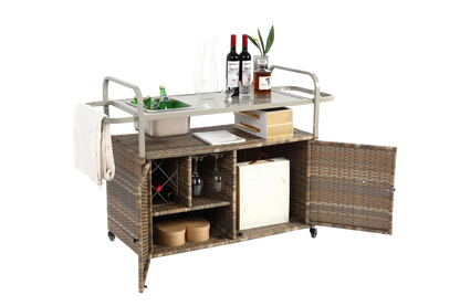 Outdoor Bar Table with Wicker Cabinet and Steel Top