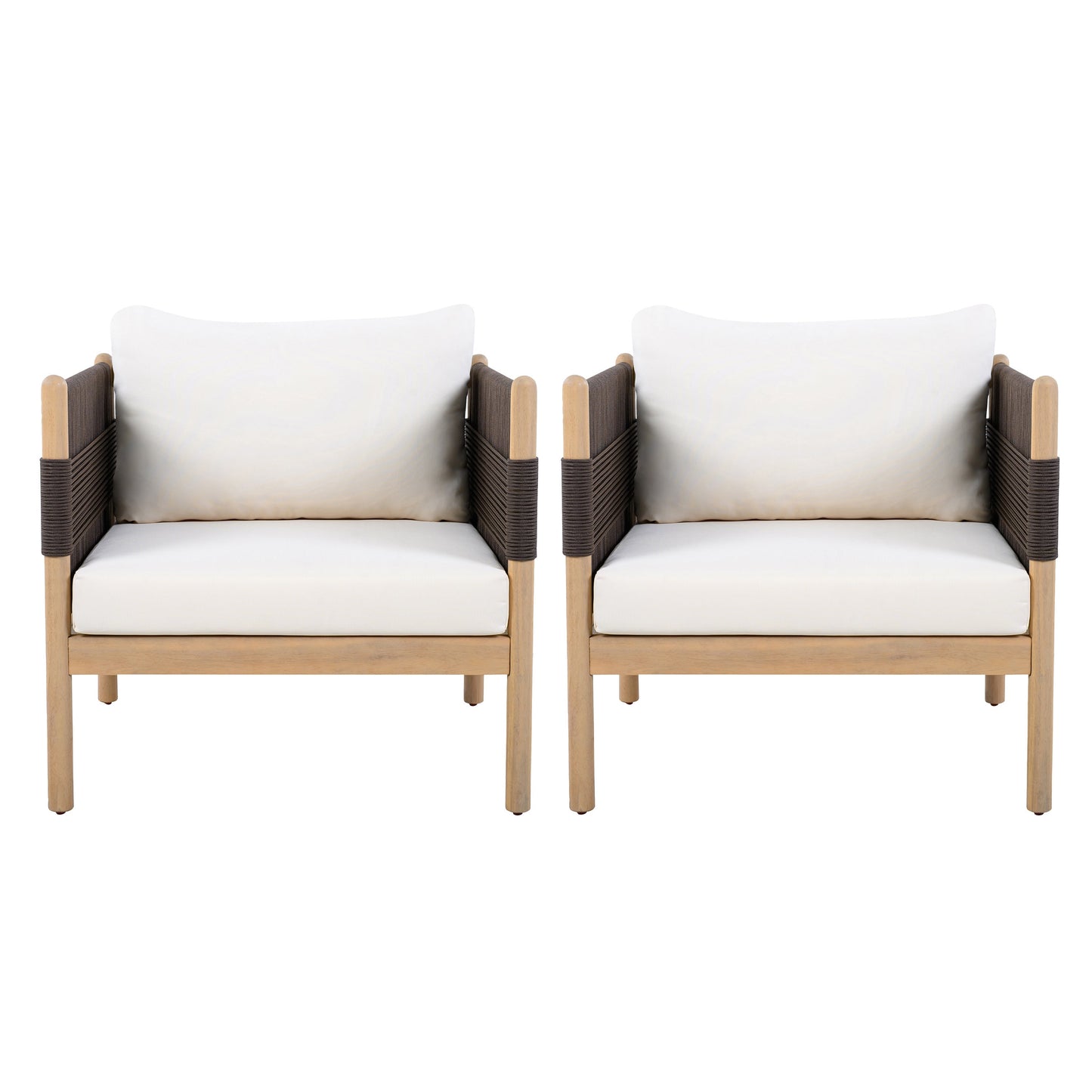 Outdoor Acacia Club Chairs (Set of 2) with Diamond-Pattern Black Rope, Light Teak Finish