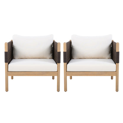 Outdoor Acacia Club Chairs (Set of 2) with Diamond-Pattern Black Rope, Light Teak Finish