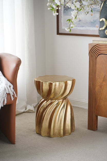 14x14x18.7 Gold Magnesium Accent Stool with Sculptural Swirl Design