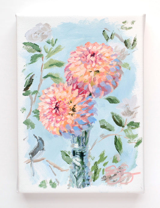 Best Buds: two peach dahlias in crystal vase (No. 503) - 5 x 7 acrylic painting on canvas