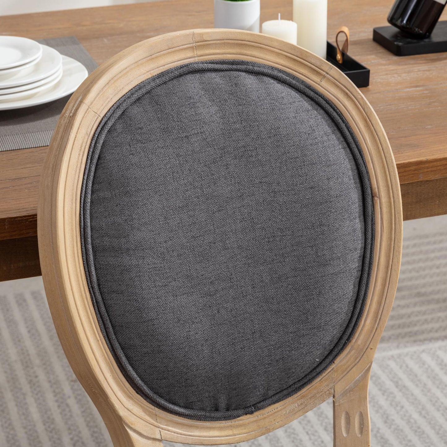 French Style Solid Wood Frame Antique Linen Dining Chair, Set of 2