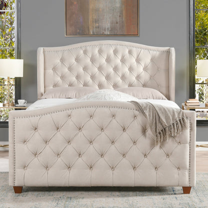 Marcella Upholstered Shelter Headboard Bed Set, Queen, Sky Neutral Beige Polyester