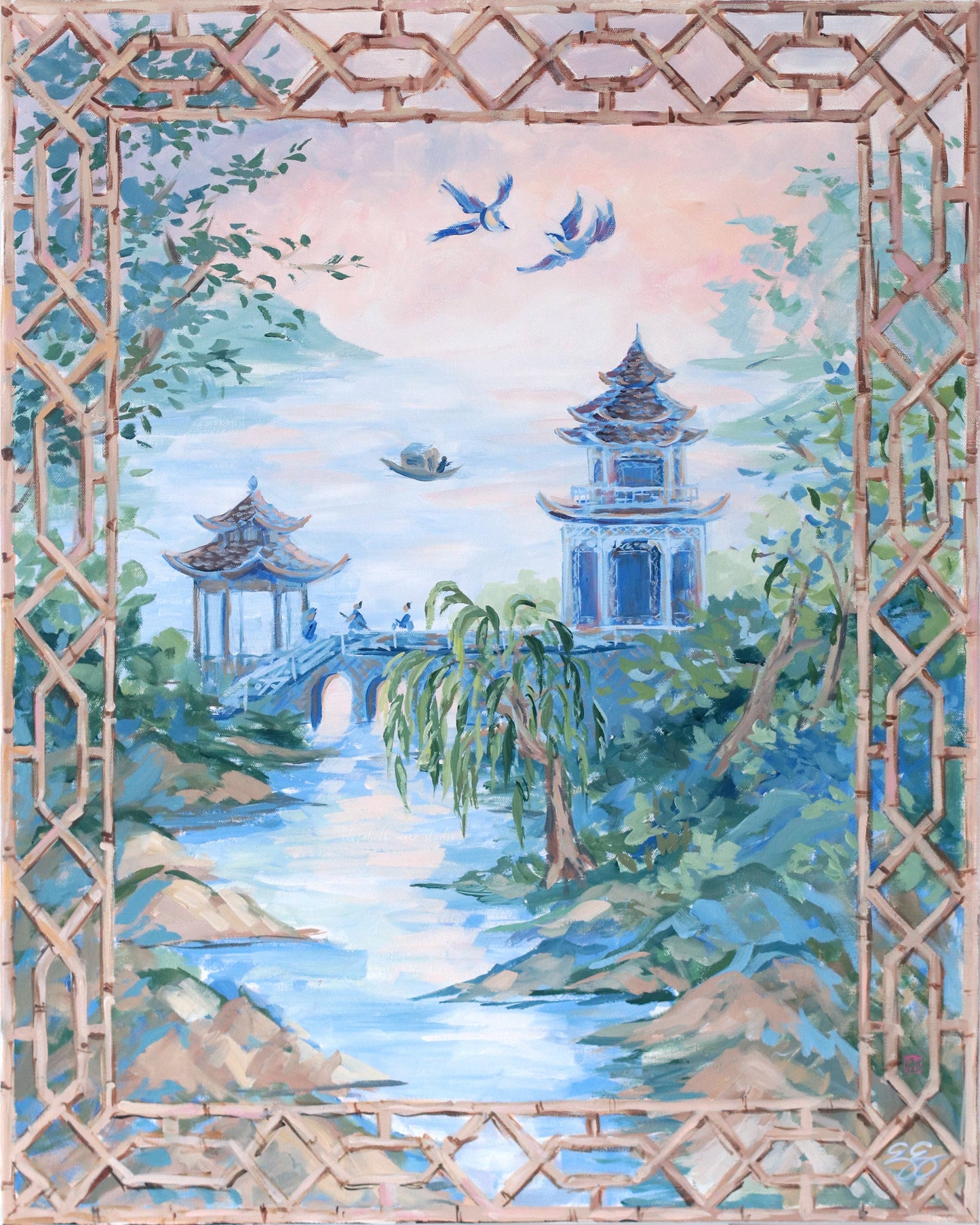"Giselle," Original painting of Willow landscape with bamboo treillage frame (No. 510) - 24 x 30