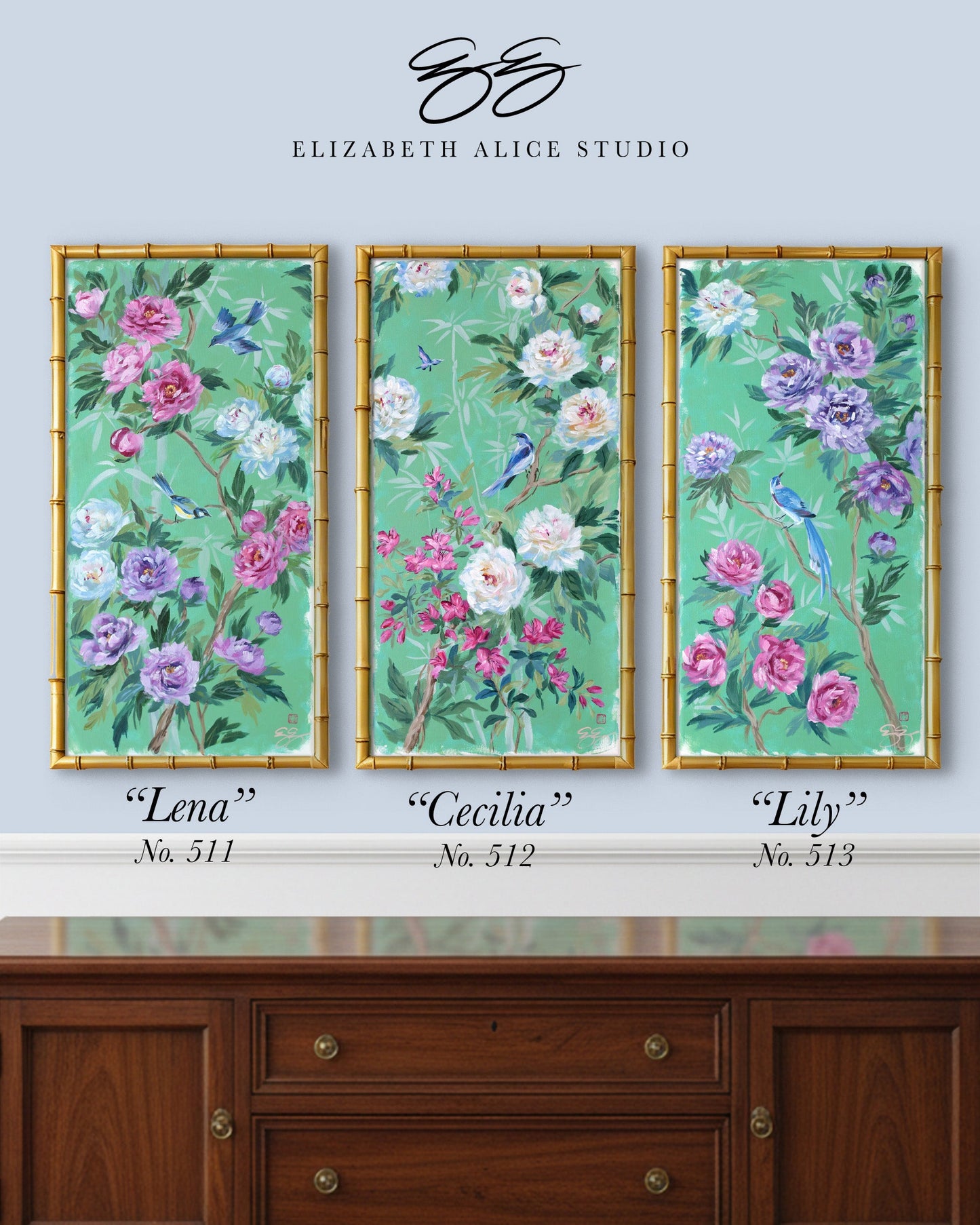 "Cecilia," Original green chinoiserie painting of peonies, azaleas, bird, and butterfly (No. 512) - 12 x 24