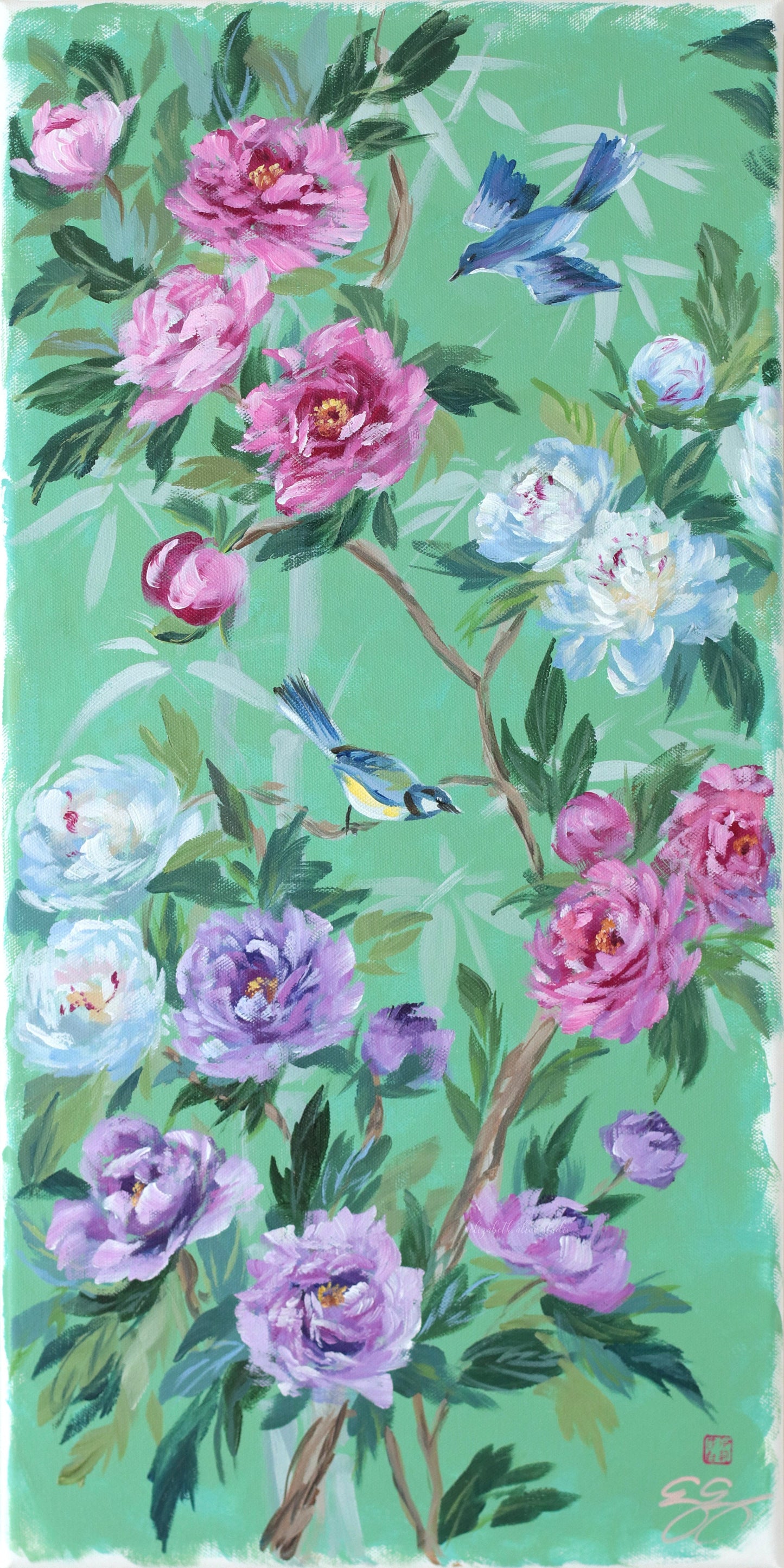 "Lena," Original green chinoiserie painting of birds and peonies (No. 511) - 12 x 24