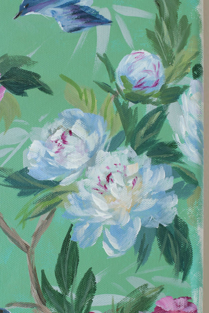 "Lena," Original green chinoiserie painting of birds and peonies (No. 511) - 12 x 24