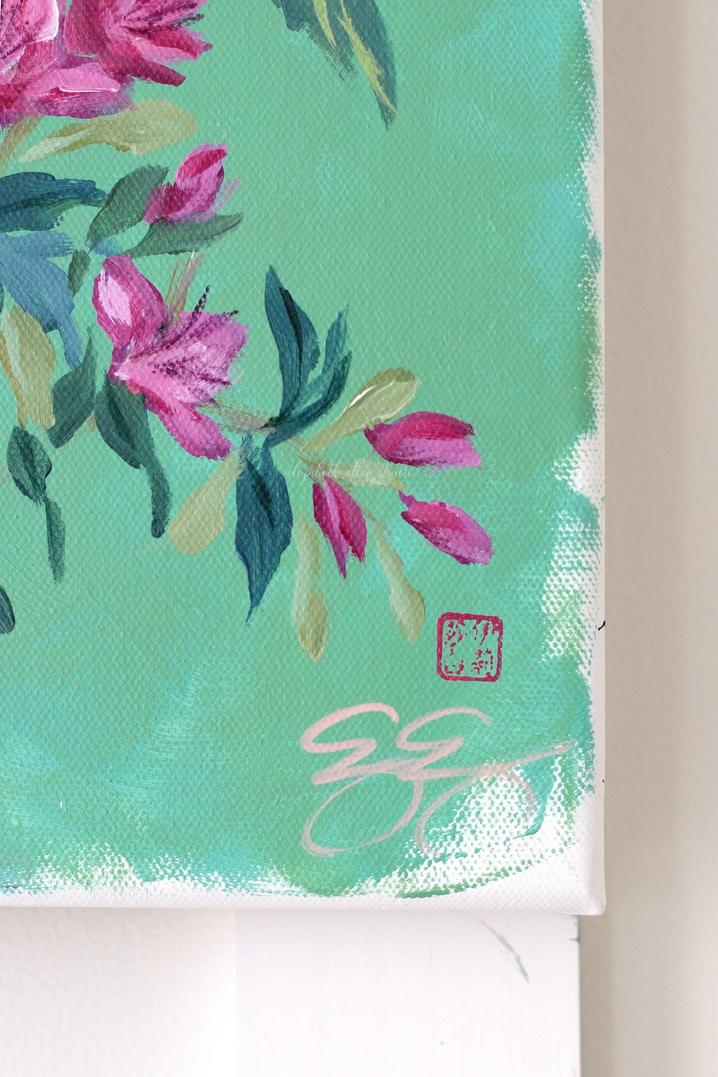 "Cecilia," Original green chinoiserie painting of peonies, azaleas, bird, and butterfly (No. 512) - 12 x 24