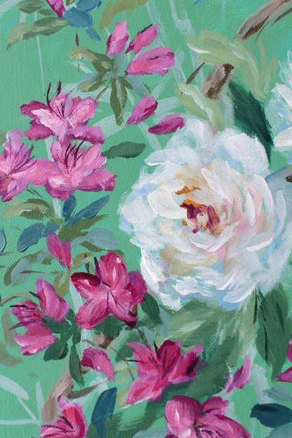 "Cecilia," Original green chinoiserie painting of peonies, azaleas, bird, and butterfly (No. 512) - 12 x 24