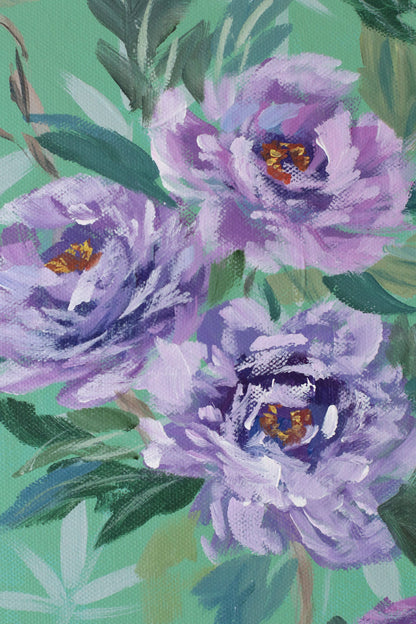 "Lily," Original green chinoiserie painting of peonies and blue bird (No. 513) - 12 x 24