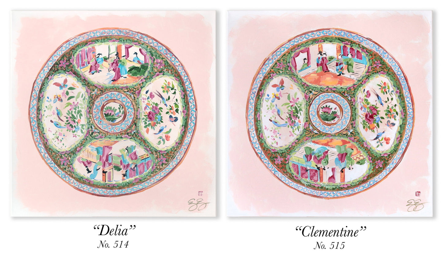 "Clementine," Original painting of chinoiserie Rose Medallion plate (No. 515) - 20 x 20