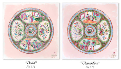 "Clementine," Original painting of chinoiserie Rose Medallion plate (No. 515) - 20 x 20