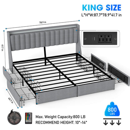King Upholstered Bed Frame With 4 Storage Drawers, RGB LED Lights & USB / Type-C Charging Station