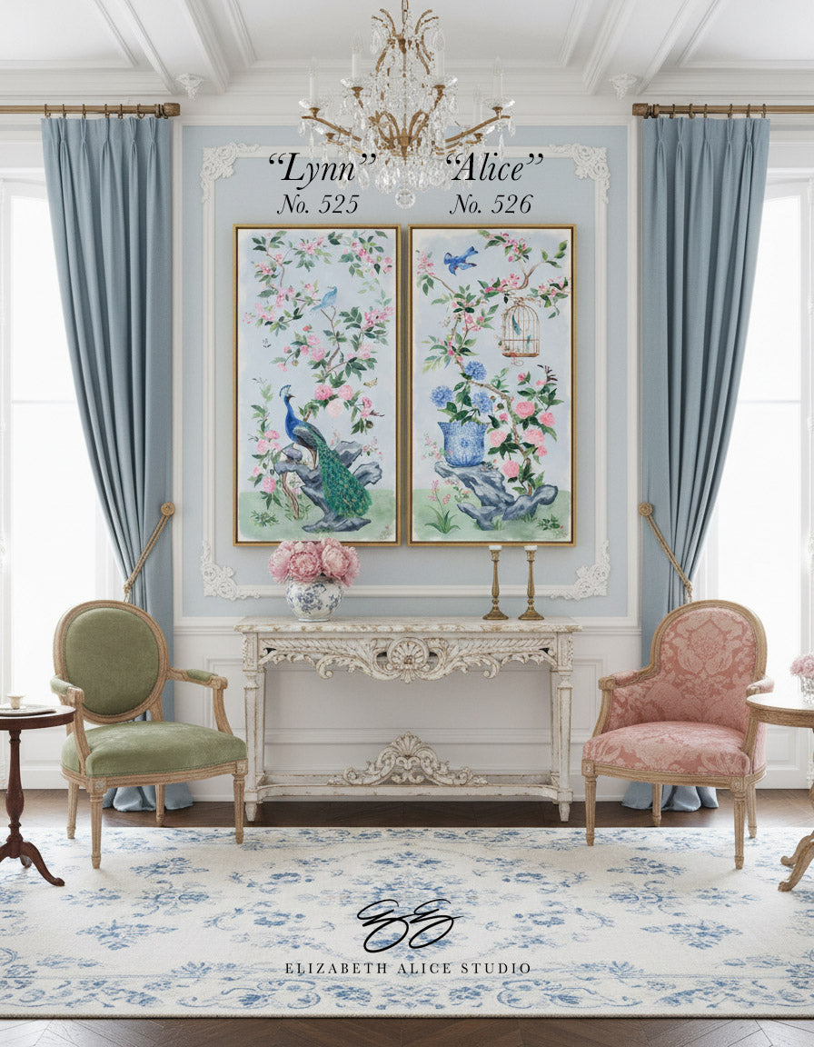 "Lynn," Original blue and pink chinoiserie painting with peacock (No. 525) - 24 x 48