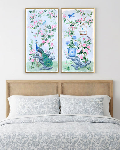 "Alice," Original blue and pink chinoiserie painting with bird cage and hydrangea (No. 526) - 24 x 48