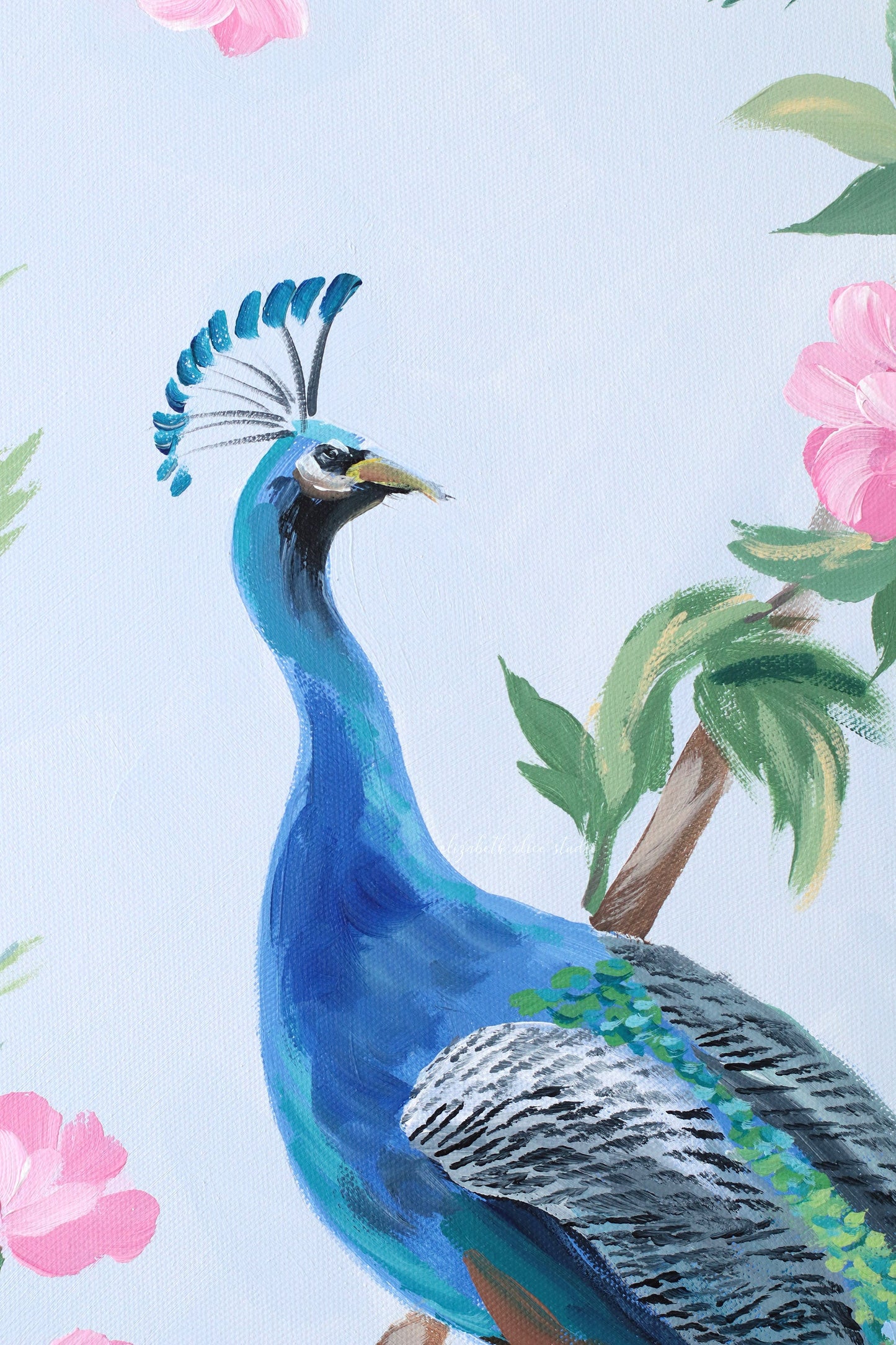 "Lynn," Original blue and pink chinoiserie painting with peacock (No. 525) - 24 x 48