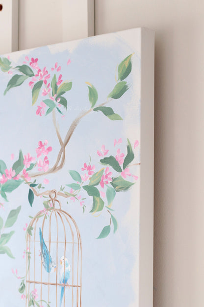 "Alice," Original blue and pink chinoiserie painting with bird cage and hydrangea (No. 526) - 24 x 48