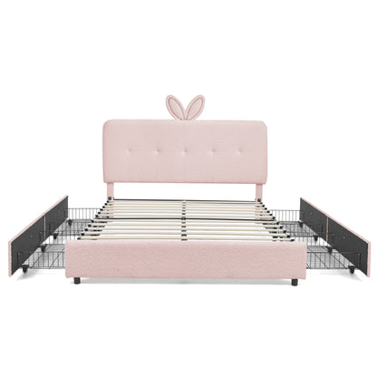 Queen Size Kids Upholstered Bed with Rabbit Ear Headboard & Storage