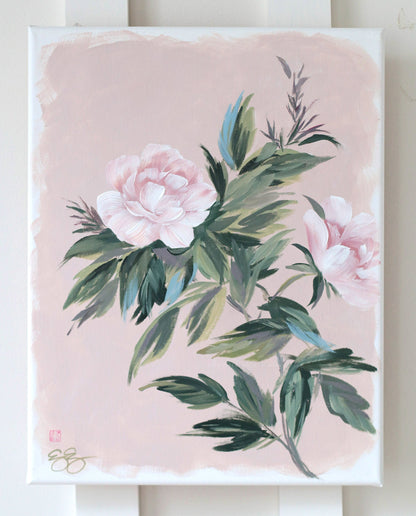 "Emily," Original pink-tan chinoiserie peony painting (No. 529) - 14 x 18
