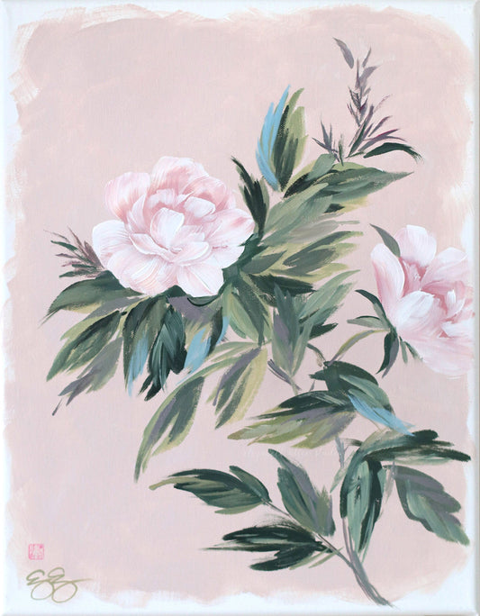 "Emily," Original pink-tan chinoiserie peony painting (No. 529) - 14 x 18