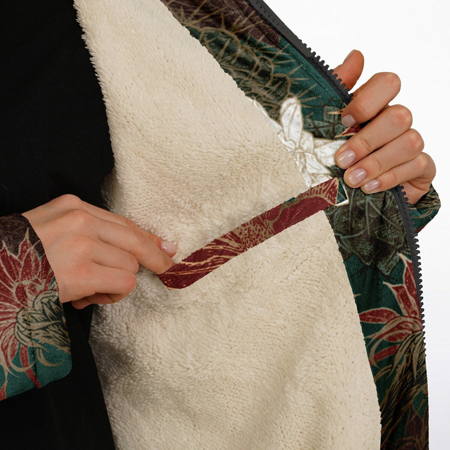 Desert Flowers Carpet Cuddle Coat | Green Red | Unisex Minky Sherpa Lined Coat with Hood, Zipper and Pockets | Women and Mens Festival Coat | Mountain Fashion
