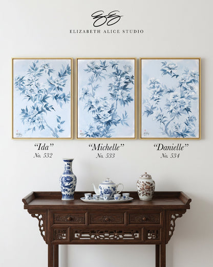 "Danielle," Original chinoiserie painting of blue and white tree peonies (No. 534) - 18 x 24