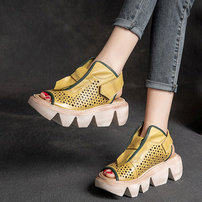 Top Layer Leather Velcro Hollow Sandals for Women