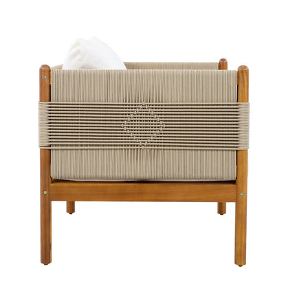 Outdoor Acacia Wood Club Chair with Diamond Rope Weave & Cushions, Teak Finish