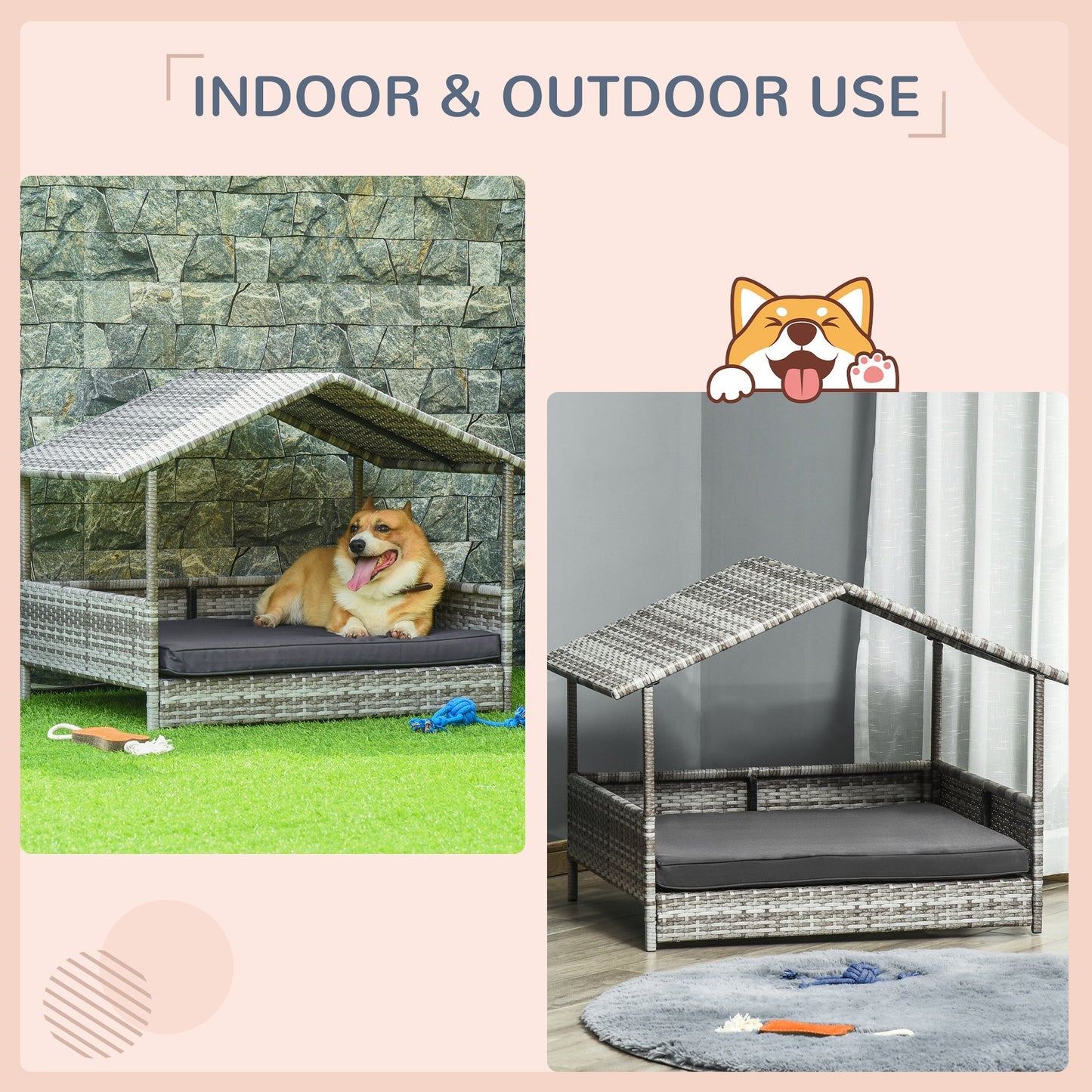 Wicker Dog House Outdoor with Canopy and Water-Resistant Cushion