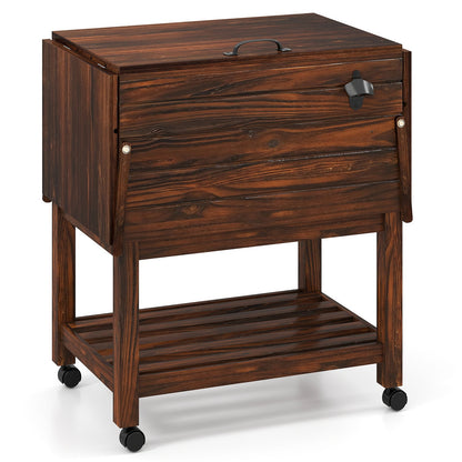 54 Quart Wooden Cooler Cart for Patio Rolling Ice Chest with Shelves-Brown