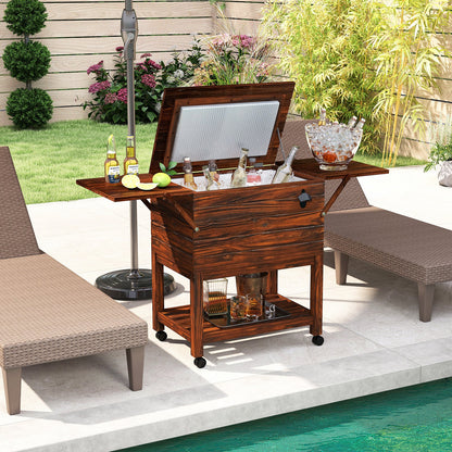 54 Quart Wooden Cooler Cart for Patio Rolling Ice Chest with Shelves-Brown