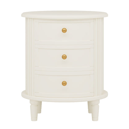 Oval Nightstand With 3 Drawers, Bedside Table - White