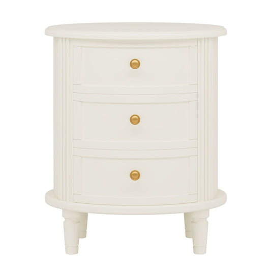 Oval Nightstand With 3 Drawers, Bedside Table - White