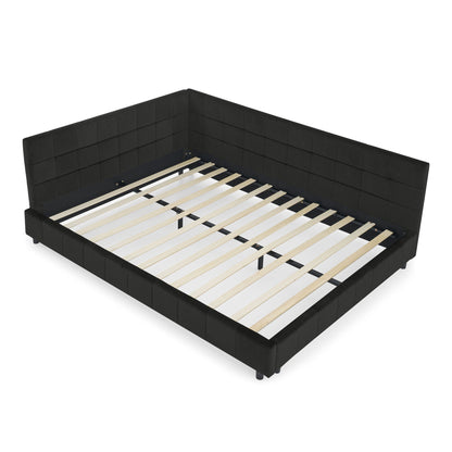 Mid-Century Storage Upholstered Tufted Bed Frame with Backrest and Armrests