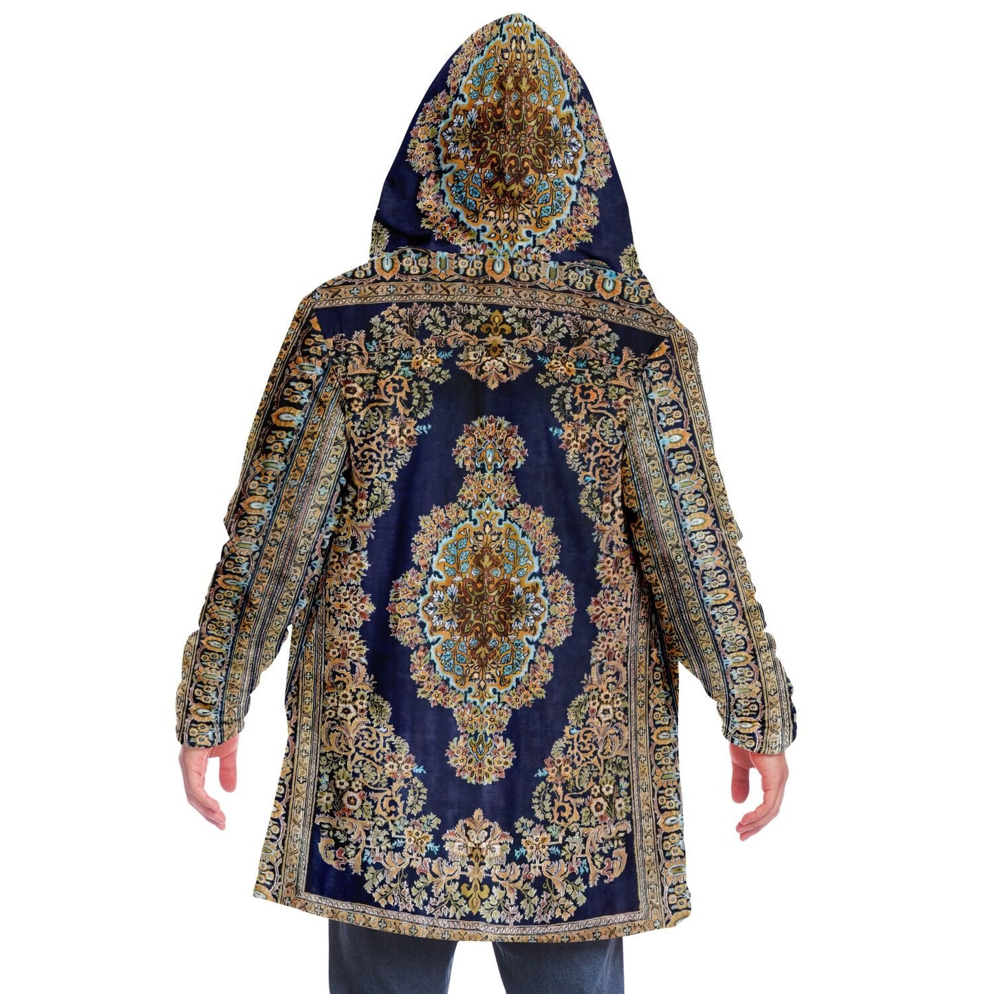 Classic Persian Carpet Cuddle Cloak | Qom, Blue and Gold | Unisex Minky Sherpa Hooded Coat | Women and Mens Festival Coat | Mountain Fashion