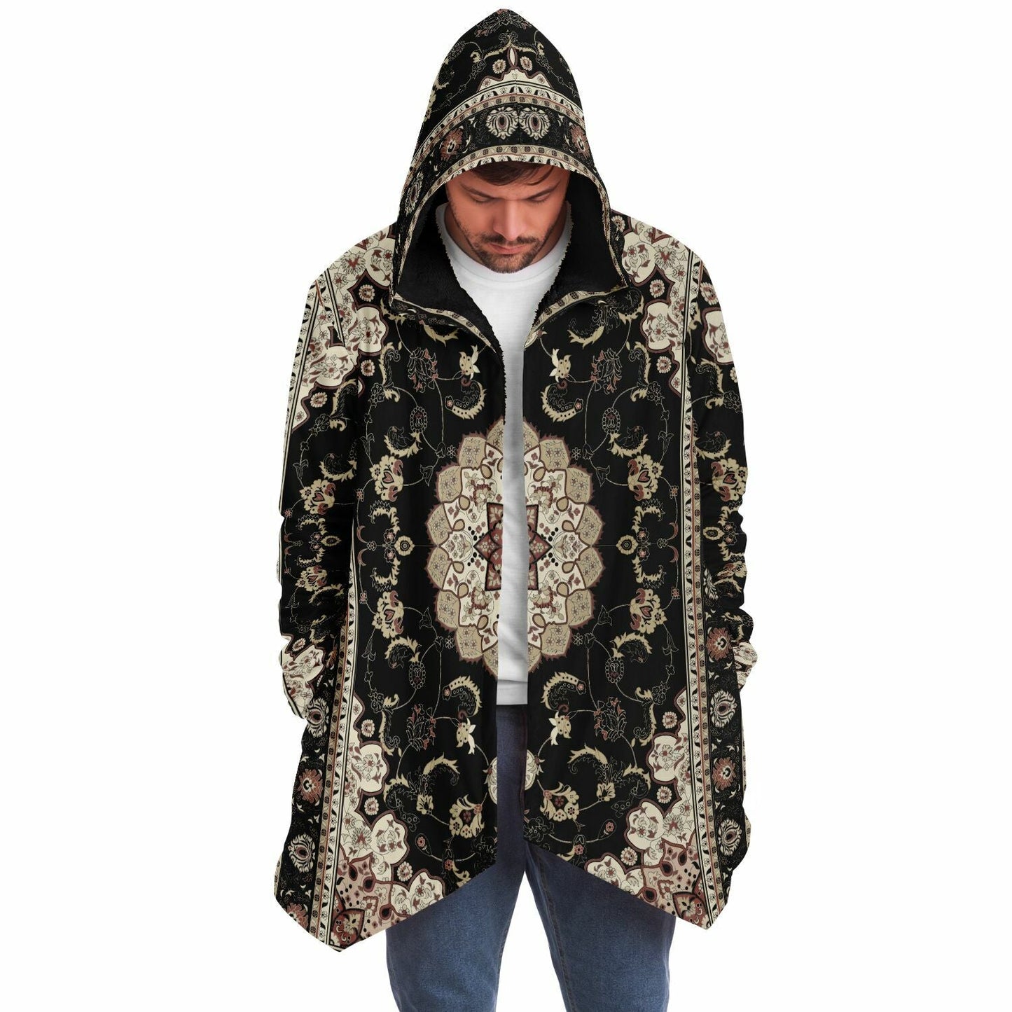 Classic Black Persian Carpet Cuddle Cloak | Unisex Minky Sherpa Lined Hooded Coat | Women and Mens Festival Coat | Mountain Fashion