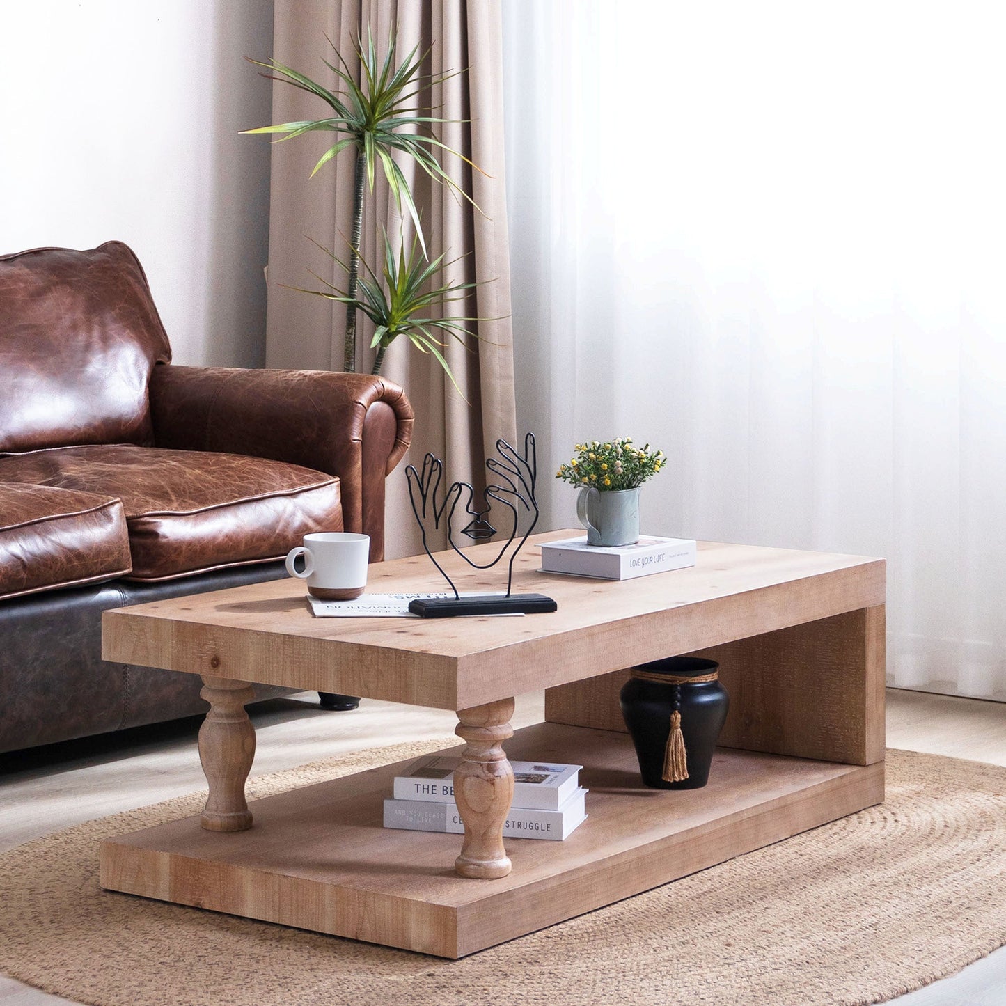 Rustic Solid Wood Coffee Table with Open Shelf – 47.2"