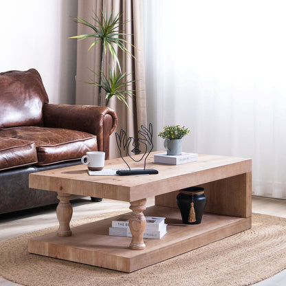 Rustic Solid Wood Coffee Table with Open Shelf – 47.2"