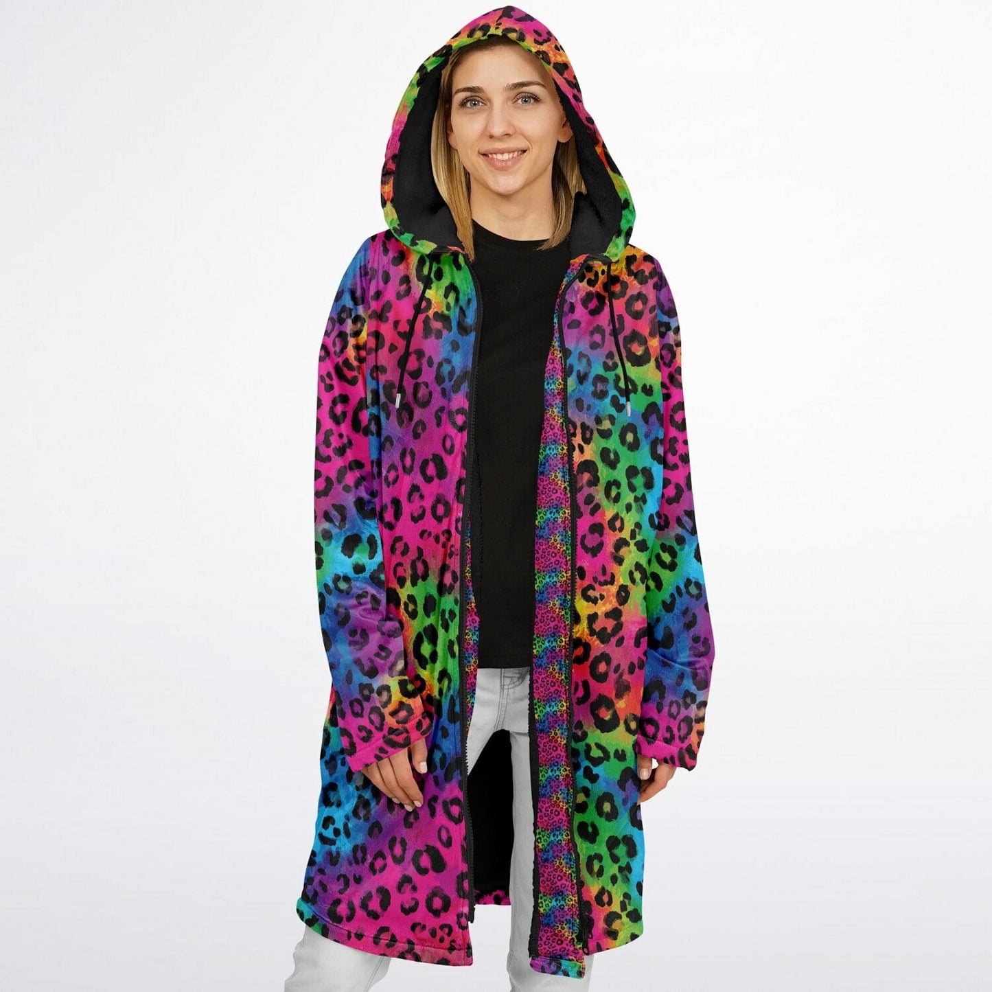 Rainbow Kitty Cuddle Coat | Unisex Minky Sherpa Lined Coat with Hood, Zipper and Pockets | Women and Mens Festival Coat | Mountain Fashion