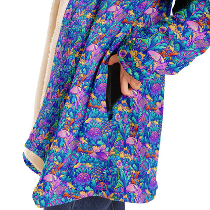 Psychedelic Mushrooms Cuddle Cloak | Unisex Minky Sherpa Lined Hooded Coat | Women and Mens Festival Coat | Mountain Fashion