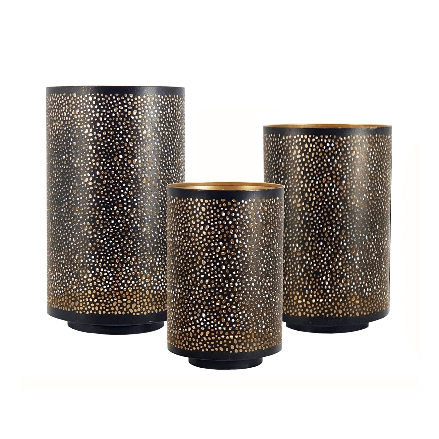 Set of 3 Pierced Metal Hurricanes in Black & Gold
