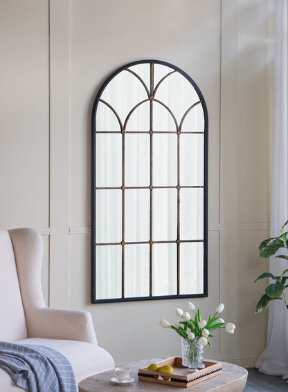34x65.5' Arched Full-Length Mirror with Black and Gold Windowpane Design