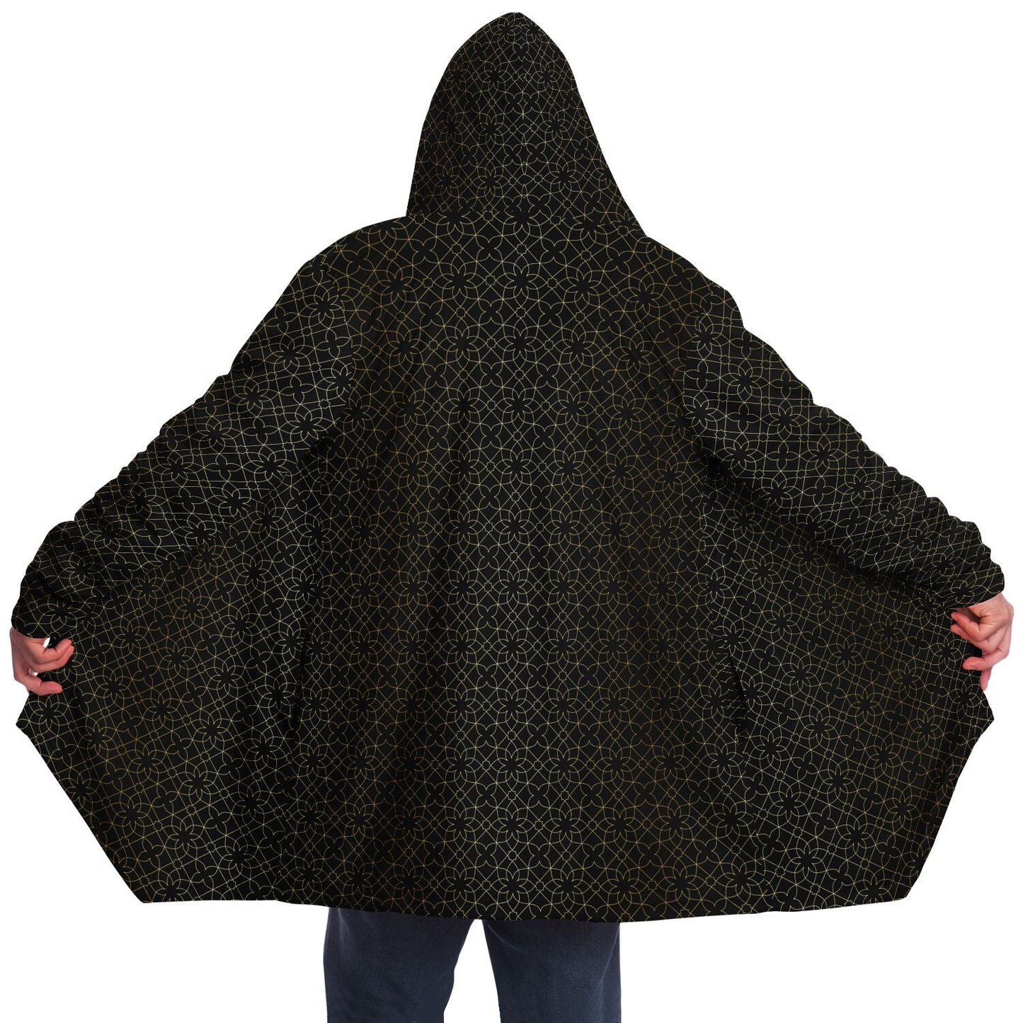 Black and Gold Sacred Geometry Flower Cuddle Cloak | Unisex Minky Sherpa Lined Hooded Coat | Women and Mens Festival Coat | Mountain Fashion