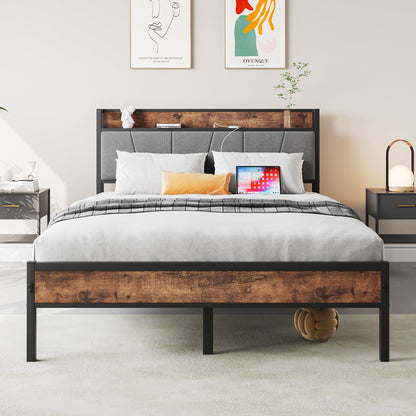 Full Size Bed Frame Storage Headboard with Charging Station
