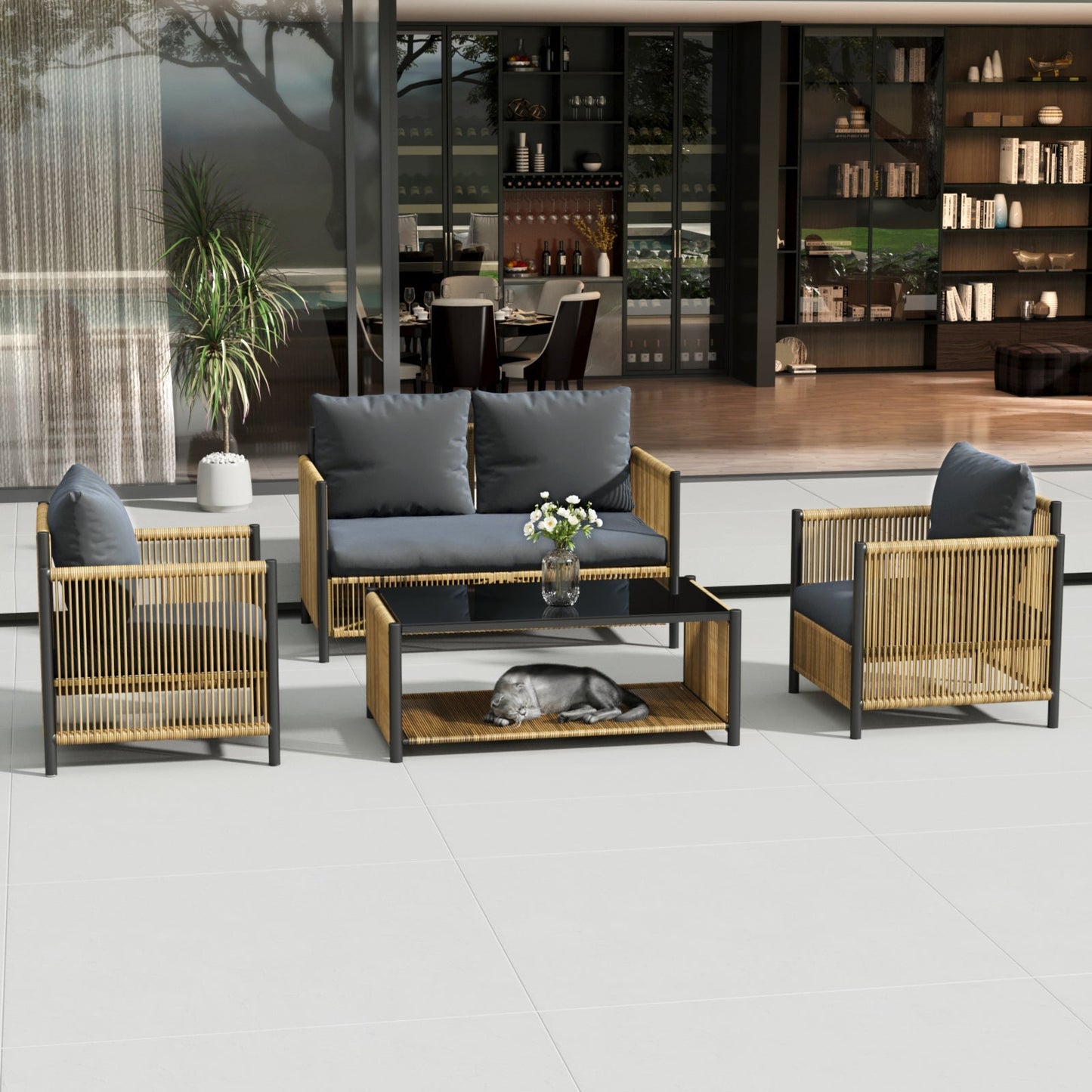Patio 4-Piece Brown PE Wicker Sofa Set with Grey Cushions
